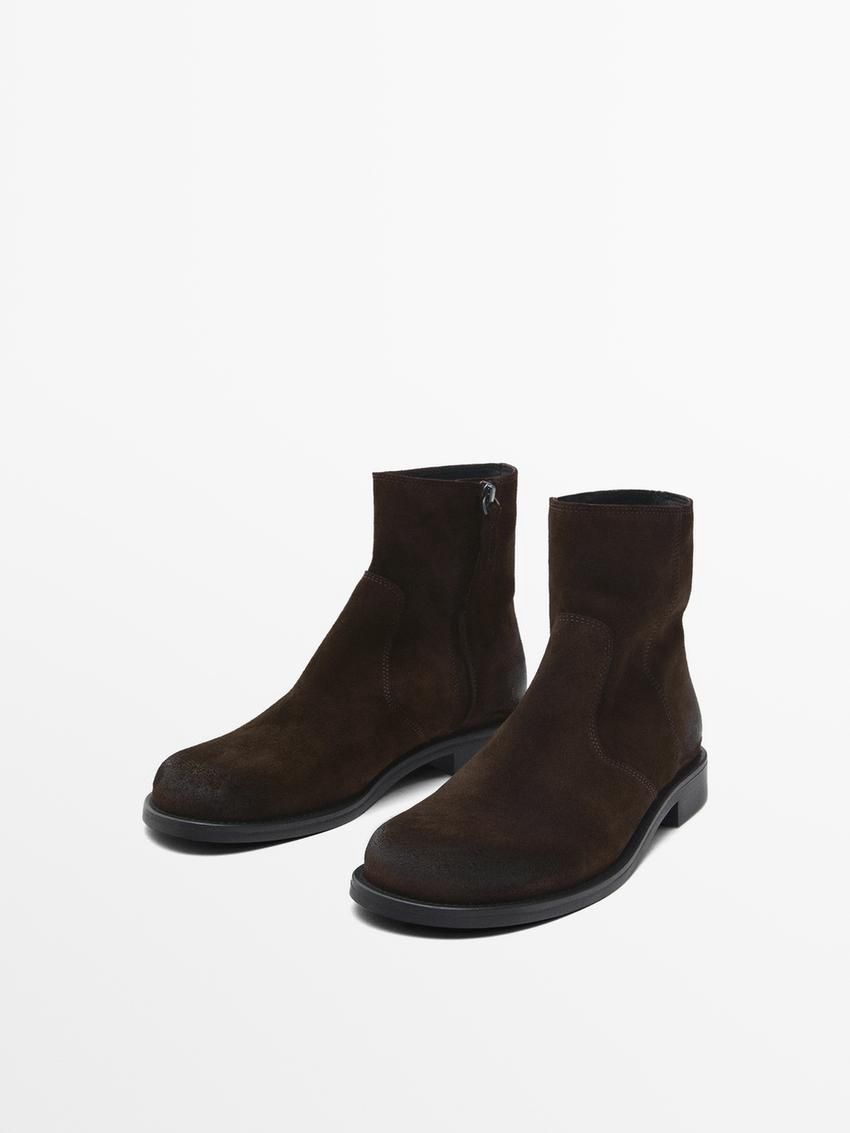 Massimo Dutti Greased Split Suede Flat Women Ankle Boots Dark Brown | US-NJ1470598