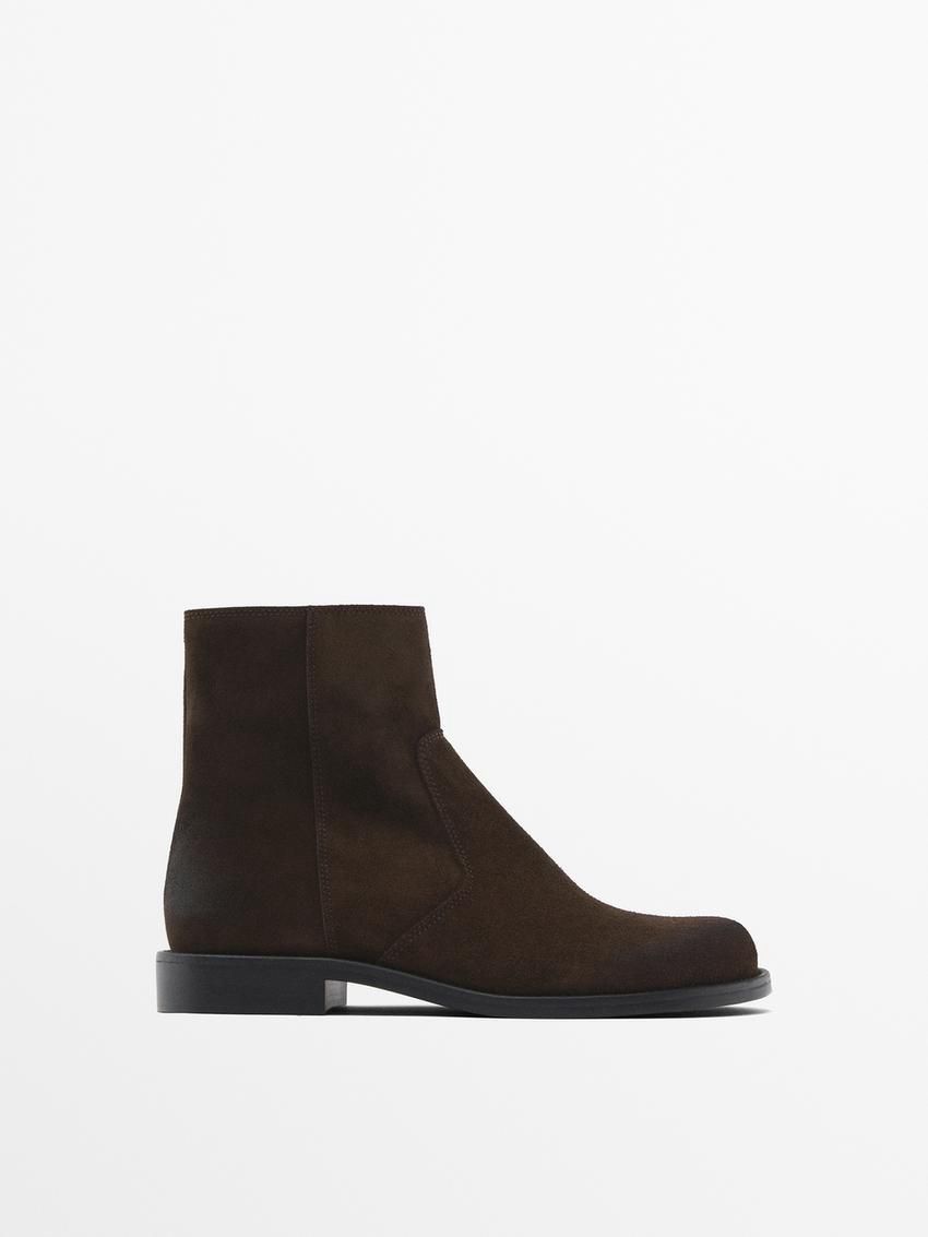 Massimo Dutti Greased Split Suede Flat Women Ankle Boots Dark Brown | US-NJ1470598