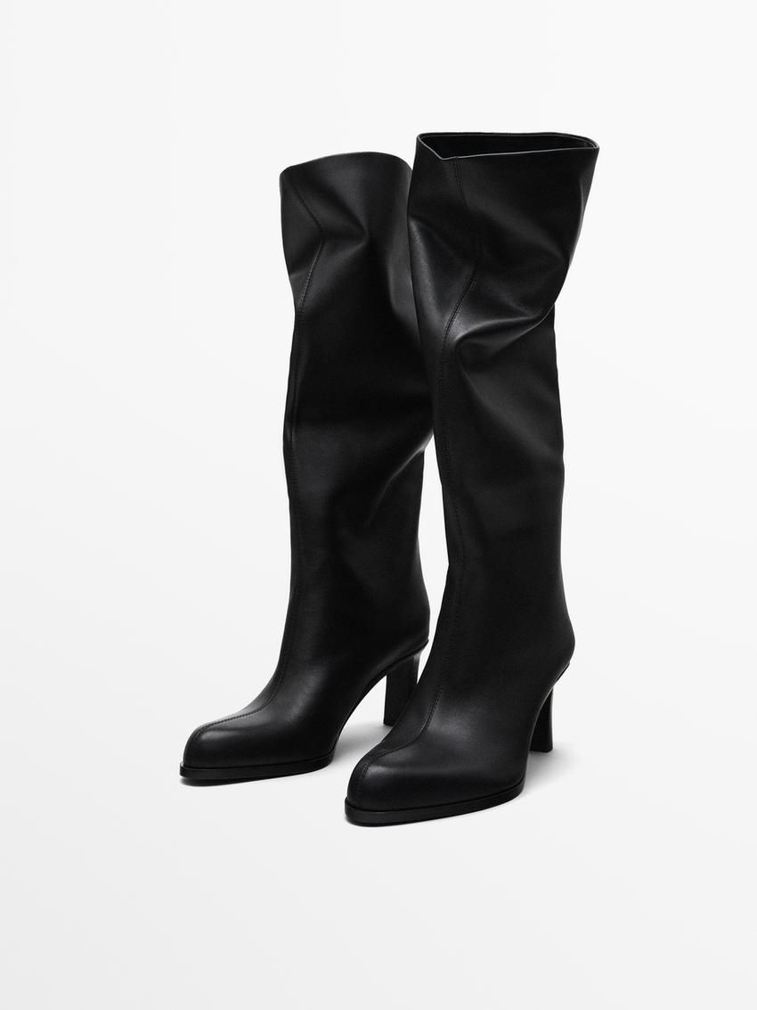 Massimo Dutti Heeled Leather Women Knee-high Boots Black | US-BR4729680