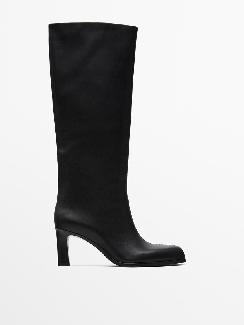 Massimo Dutti Heeled Leather Women Knee-high Boots Black | US-BR4729680