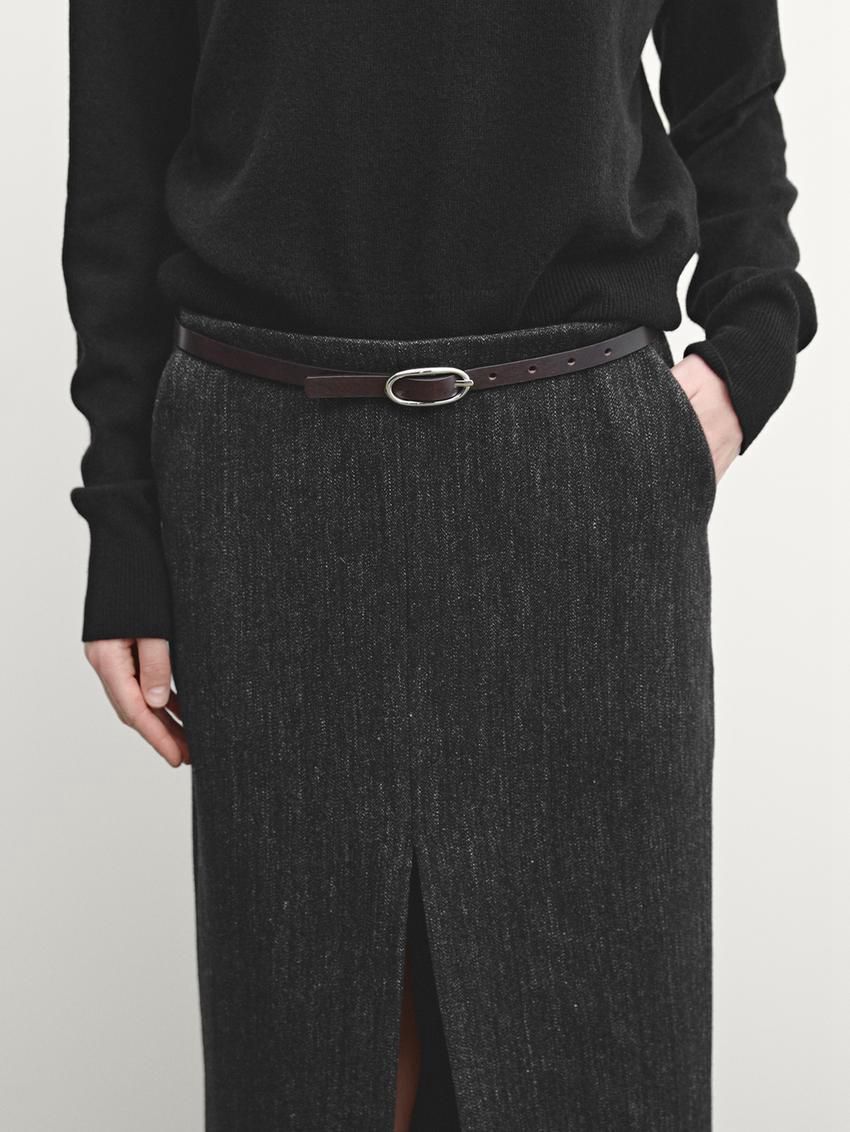 Massimo Dutti Herringbone Midi With Slit Women Skirts Black | US-DR2350714