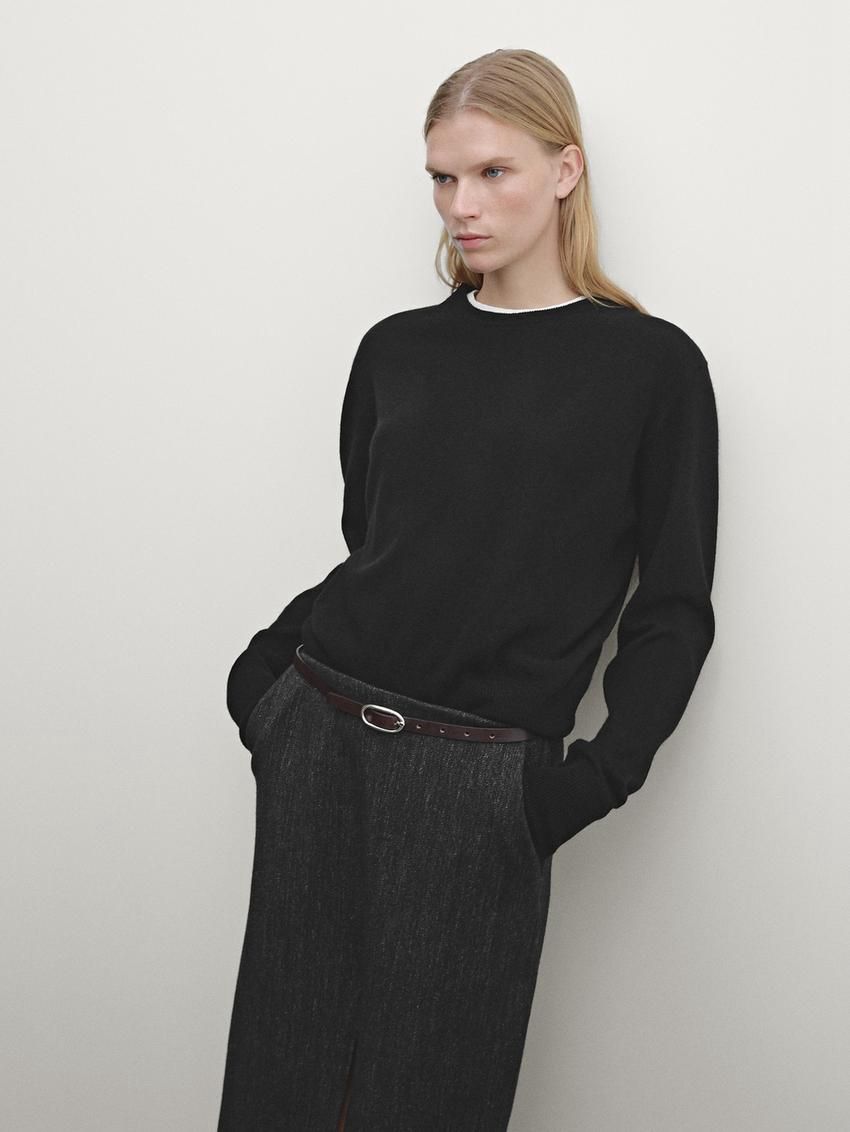 Massimo Dutti Herringbone Midi With Slit Women Skirts Black | US-DR2350714