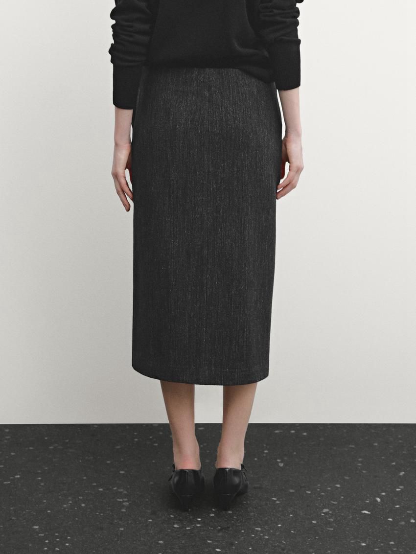 Massimo Dutti Herringbone Midi With Slit Women Skirts Black | US-DR2350714