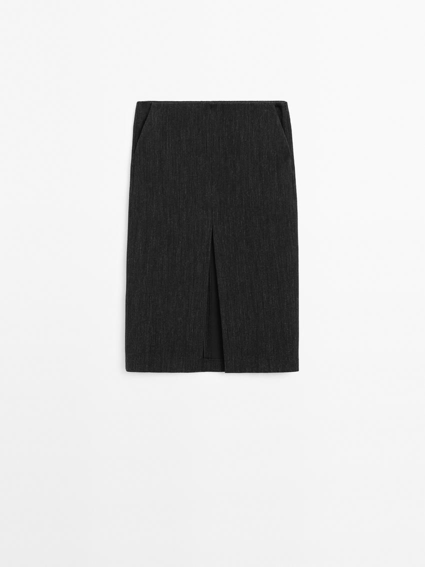 Massimo Dutti Herringbone Midi With Slit Women Skirts Black | US-DR2350714