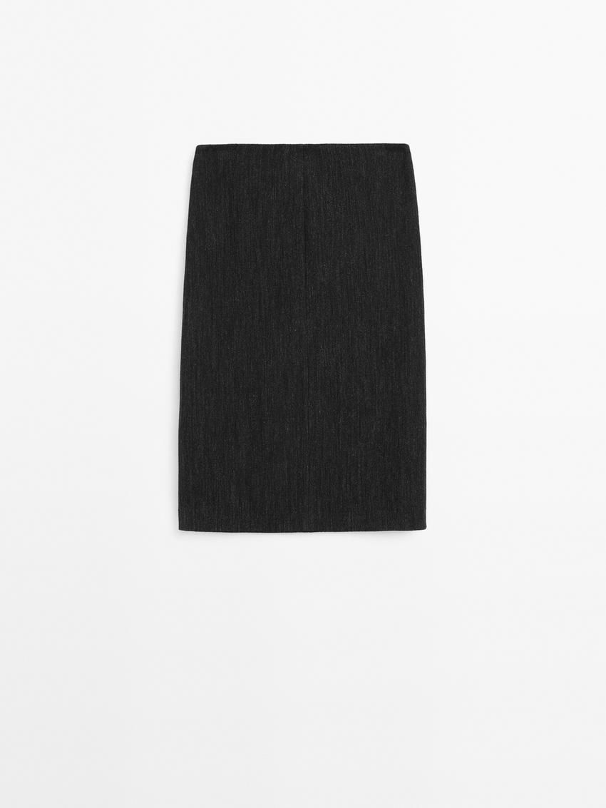 Massimo Dutti Herringbone Midi With Slit Women Skirts Black | US-DR2350714