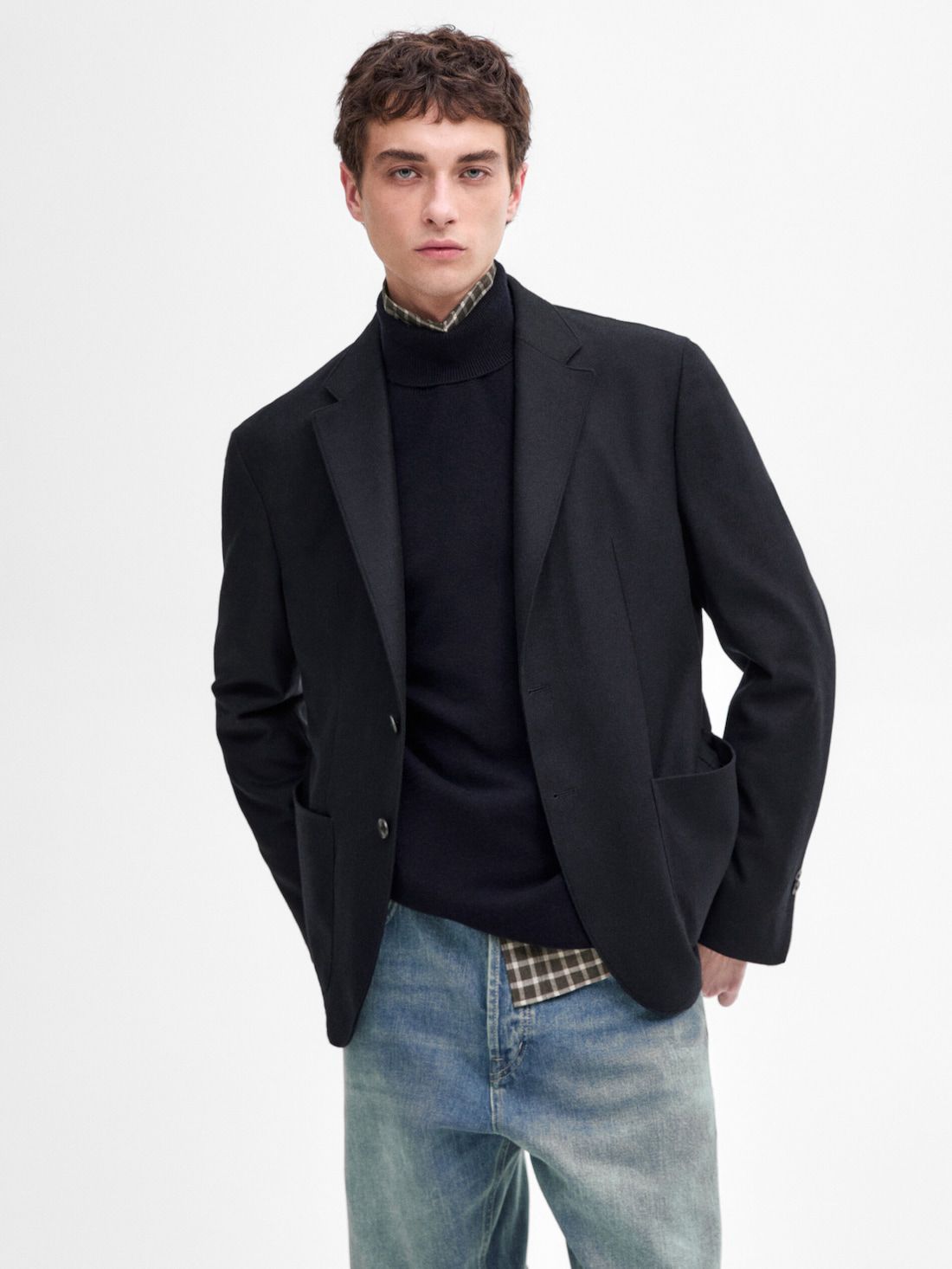 Massimo Dutti Herringbone Wool Blend Men Blazer Navy | US-XT4932017