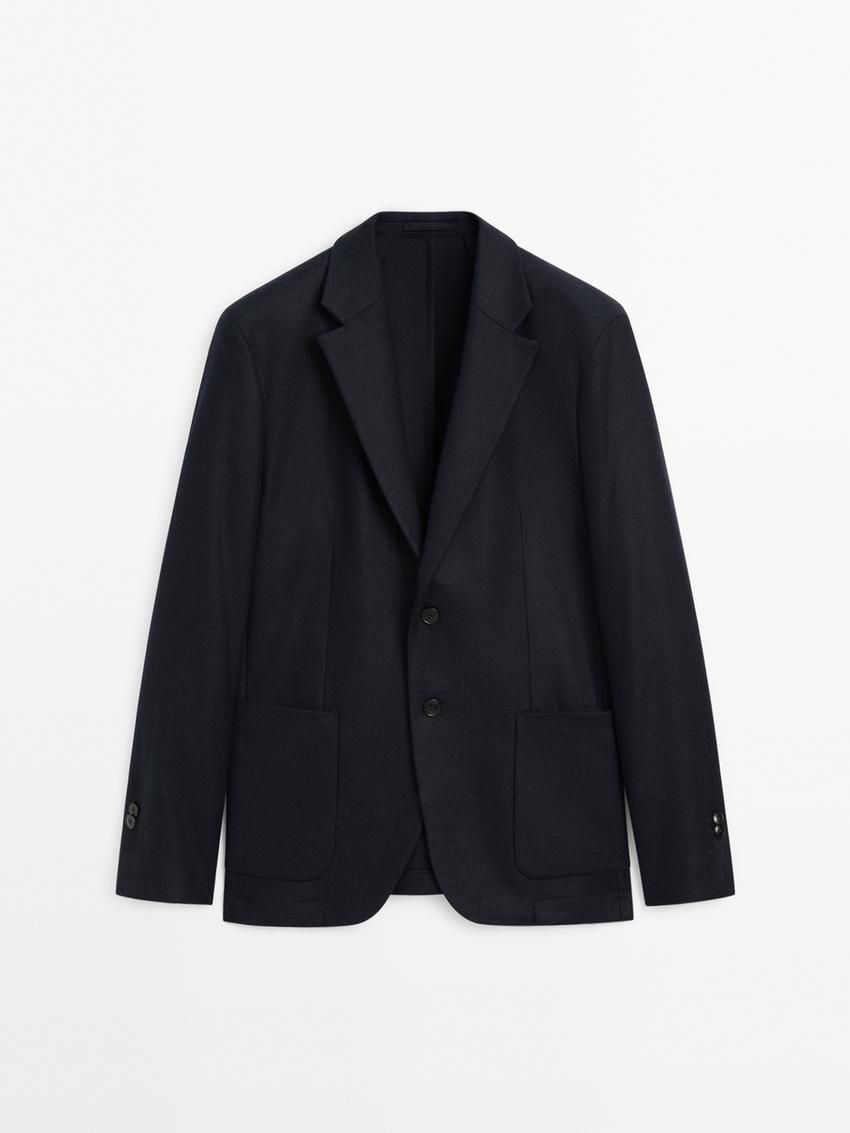 Massimo Dutti Herringbone Wool Blend Men Blazer Navy | US-XT4932017