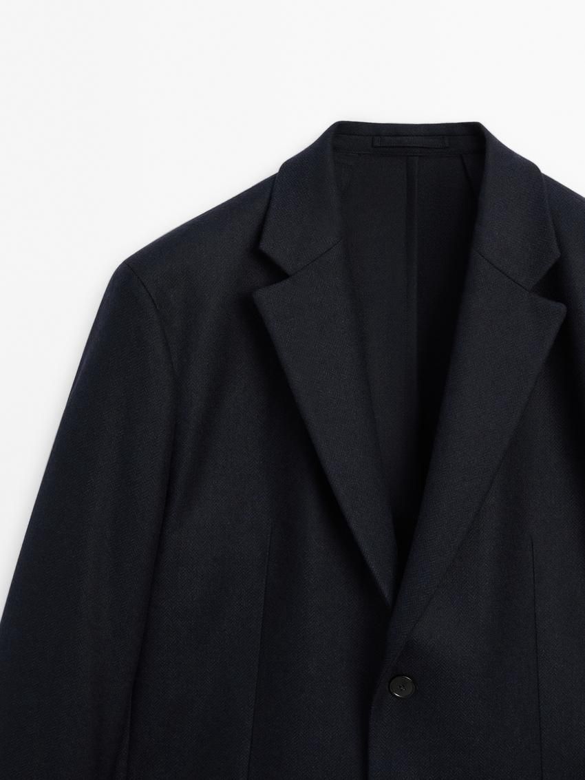 Massimo Dutti Herringbone Wool Blend Men Blazer Navy | US-XT4932017