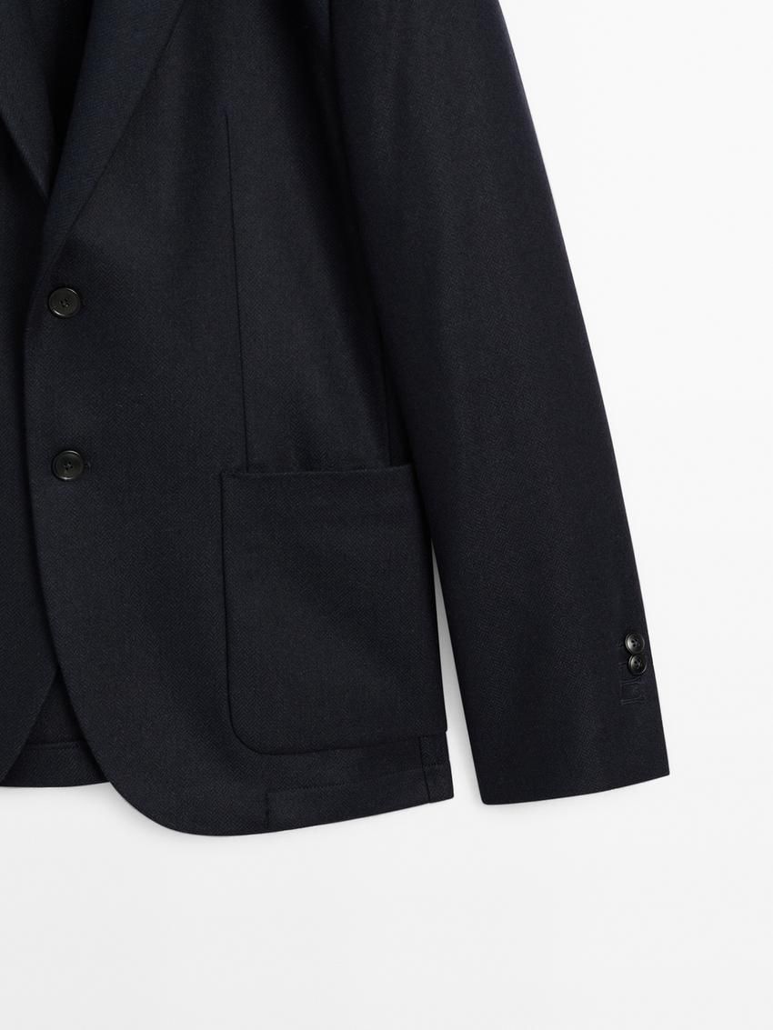 Massimo Dutti Herringbone Wool Blend Men Blazer Navy | US-XT4932017