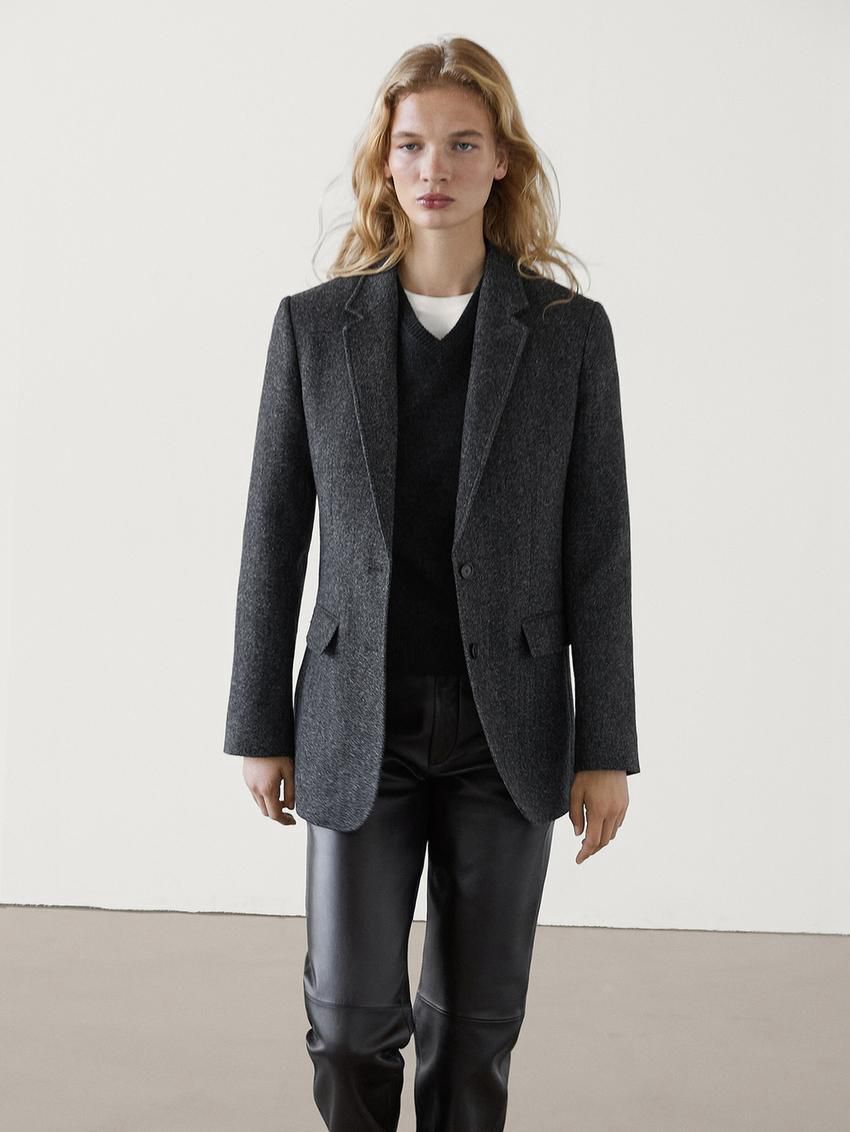 Massimo Dutti Herringbone Wool Blend Women Blazer Dark Grey | US-WJ9761520