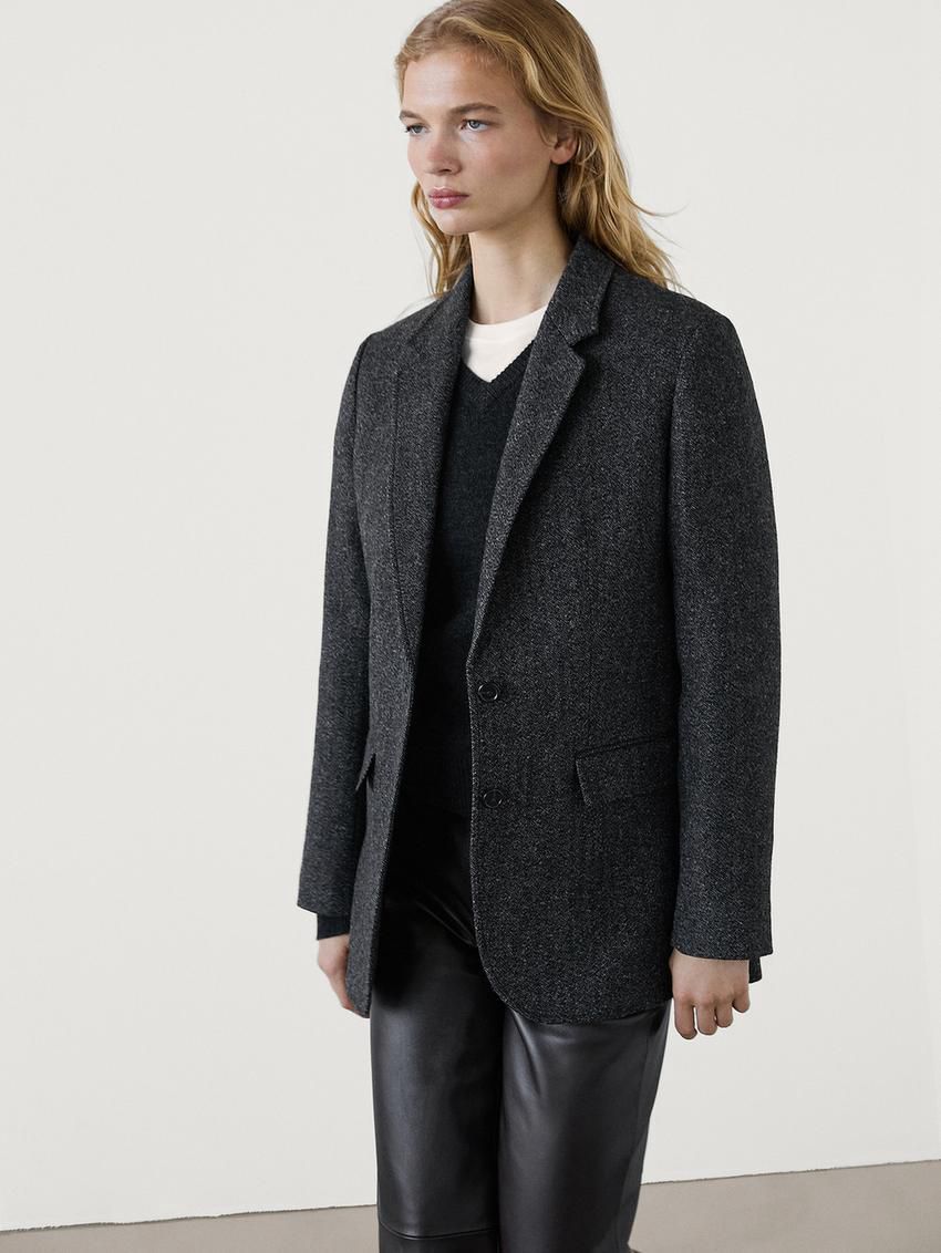 Massimo Dutti Herringbone Wool Blend Women Blazer Dark Grey | US-WJ9761520