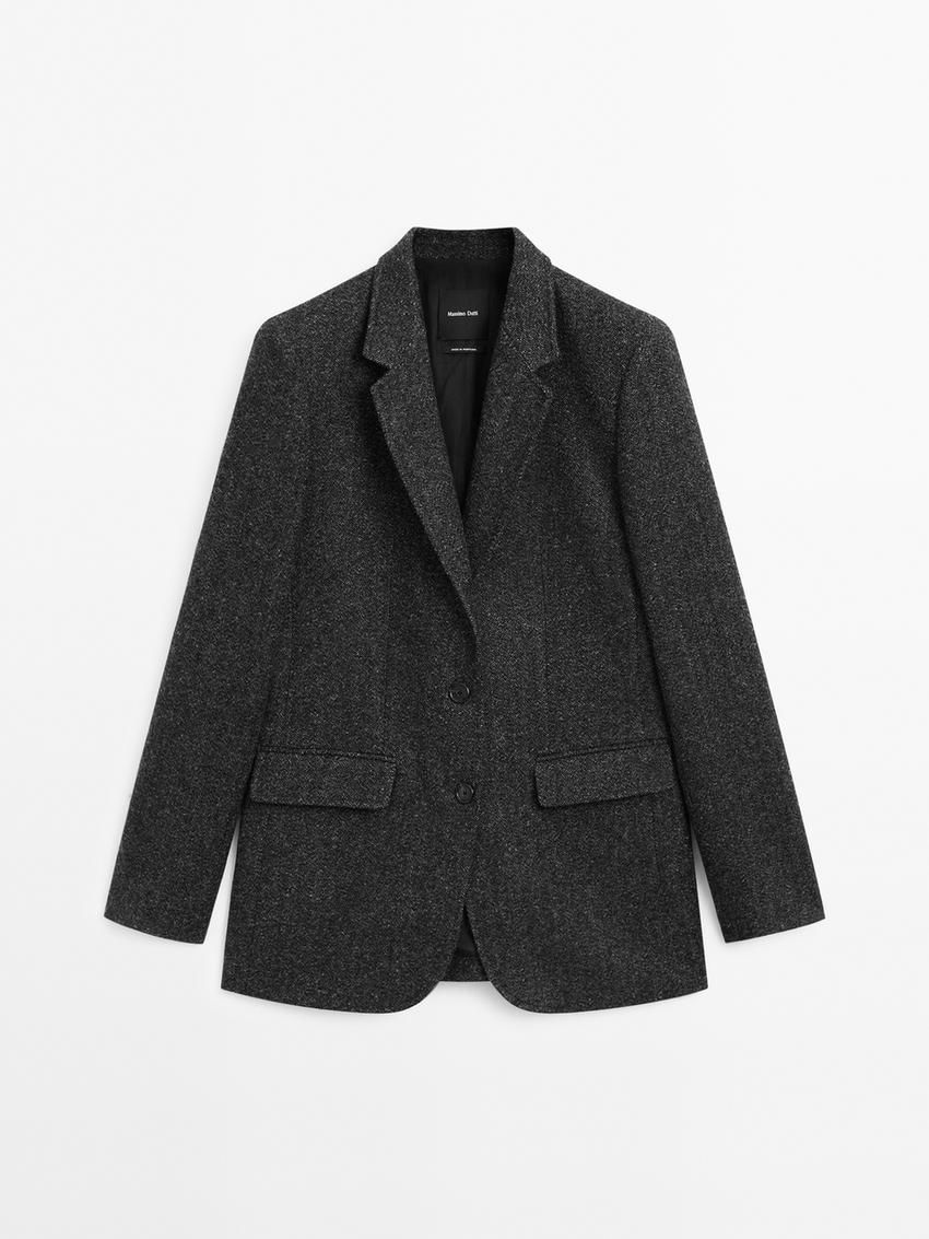 Massimo Dutti Herringbone Wool Blend Women Blazer Dark Grey | US-WJ9761520
