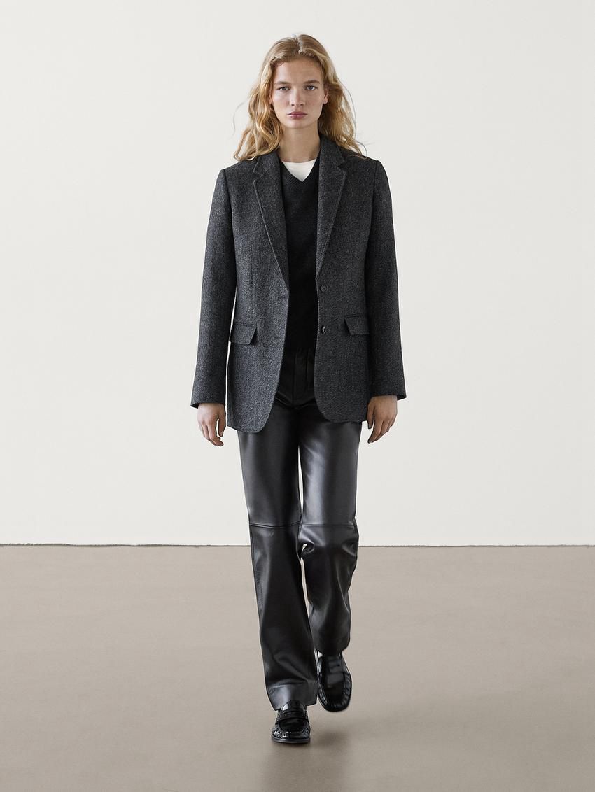 Massimo Dutti Herringbone Wool Blend Women Blazer Dark Grey | US-WJ9761520