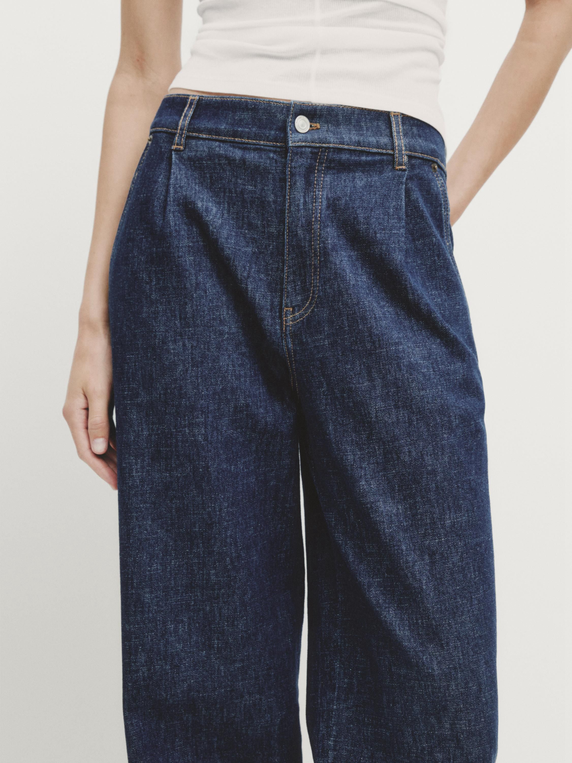 Massimo Dutti High-waist Wide-leg With Darts Women Jeans Dark Blue | US-GH3410659