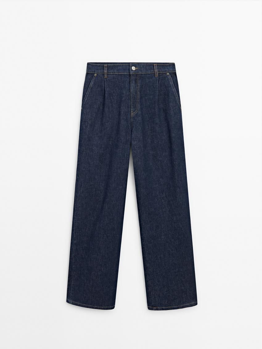 Massimo Dutti High-waist Wide-leg With Darts Women Jeans Dark Blue | US-GH3410659