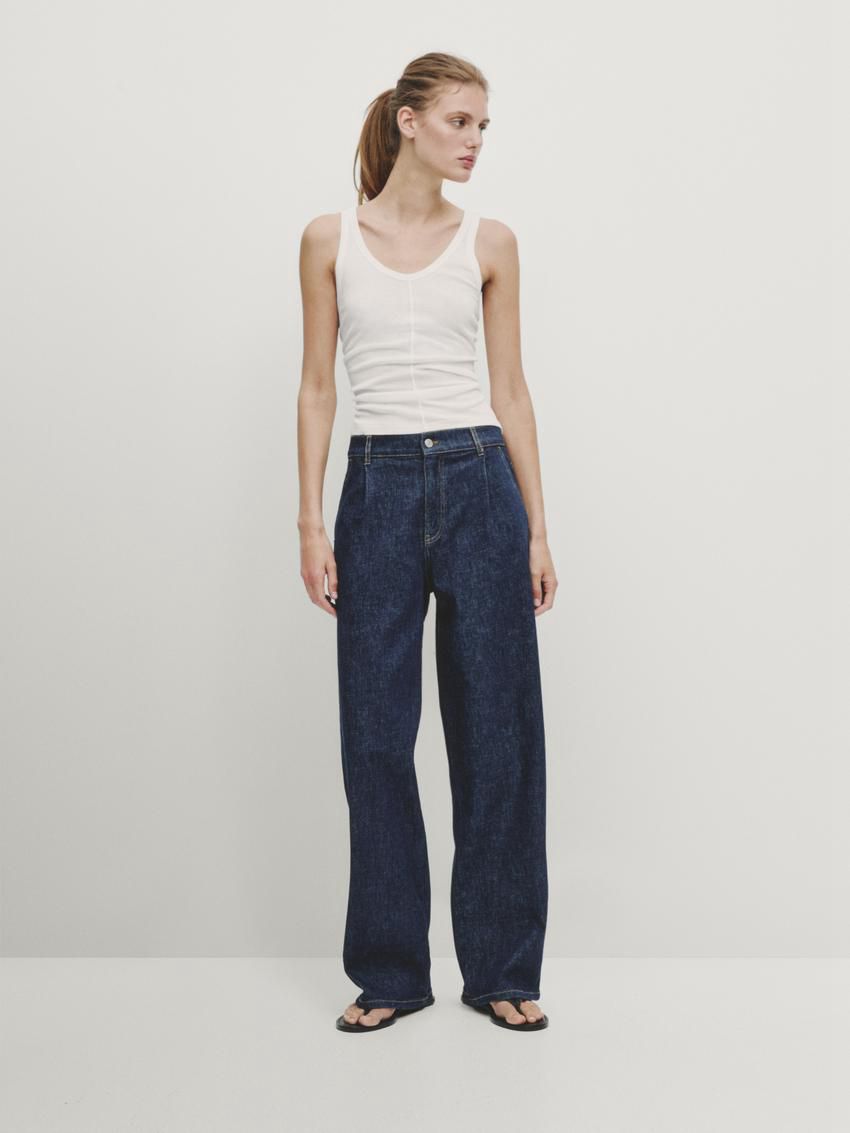 Massimo Dutti High-waist Wide-leg With Darts Women Jeans Dark Blue | US-GH3410659
