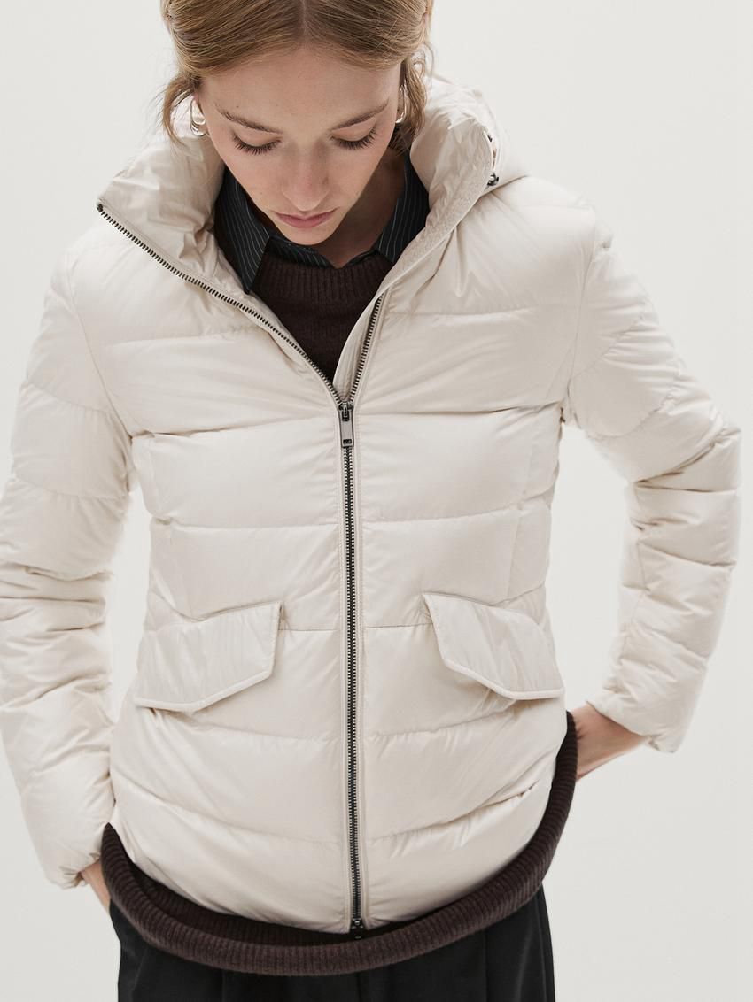 Massimo Dutti Hooded Women Puffer Jacket Beige | US-YU0217946