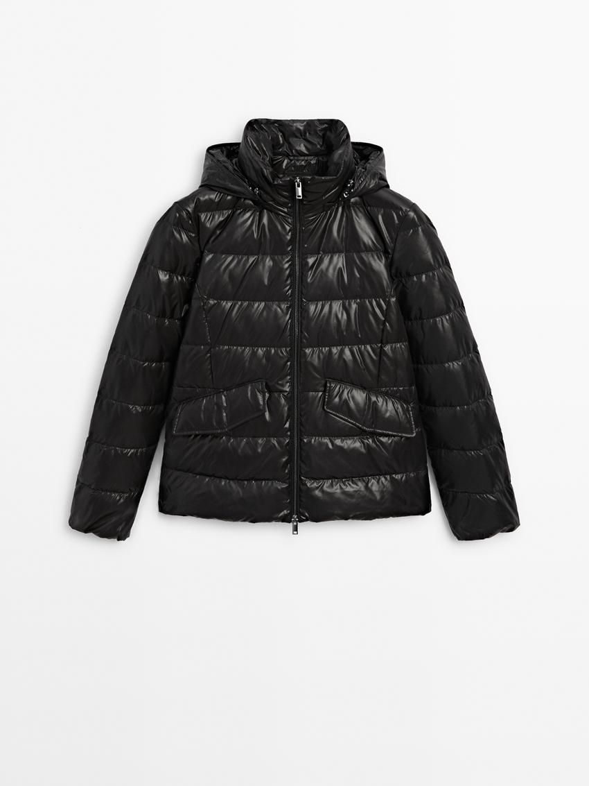 Massimo Dutti Hooded Women Puffer Jacket Black | US-KS9628547