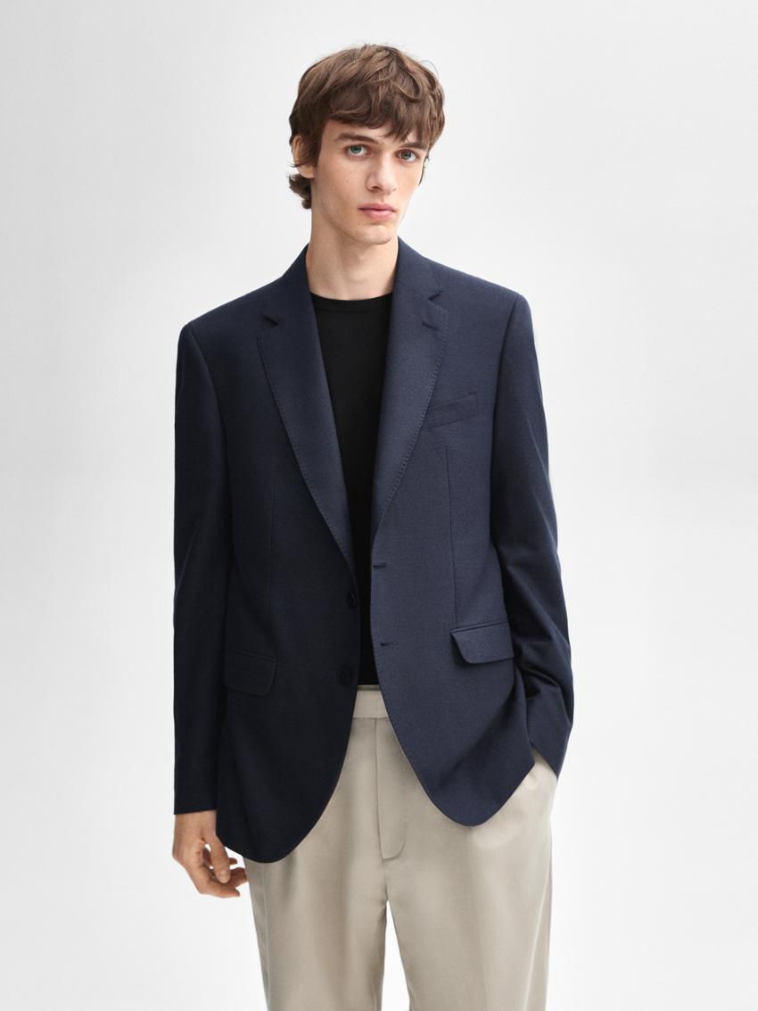 Massimo Dutti Houndstooth Cotton And Wool Blend Men Blazer Navy | US-BN6780259