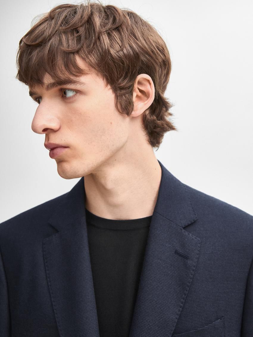 Massimo Dutti Houndstooth Cotton And Wool Blend Men Blazer Navy | US-BN6780259