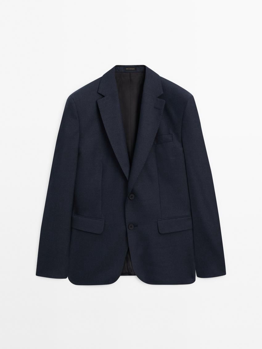 Massimo Dutti Houndstooth Cotton And Wool Blend Men Blazer Navy | US-BN6780259