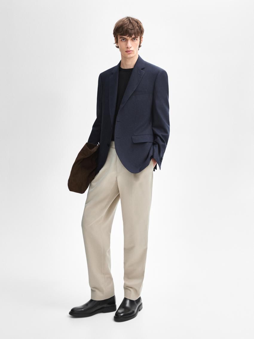 Massimo Dutti Houndstooth Cotton And Wool Blend Men Blazer Navy | US-BN6780259