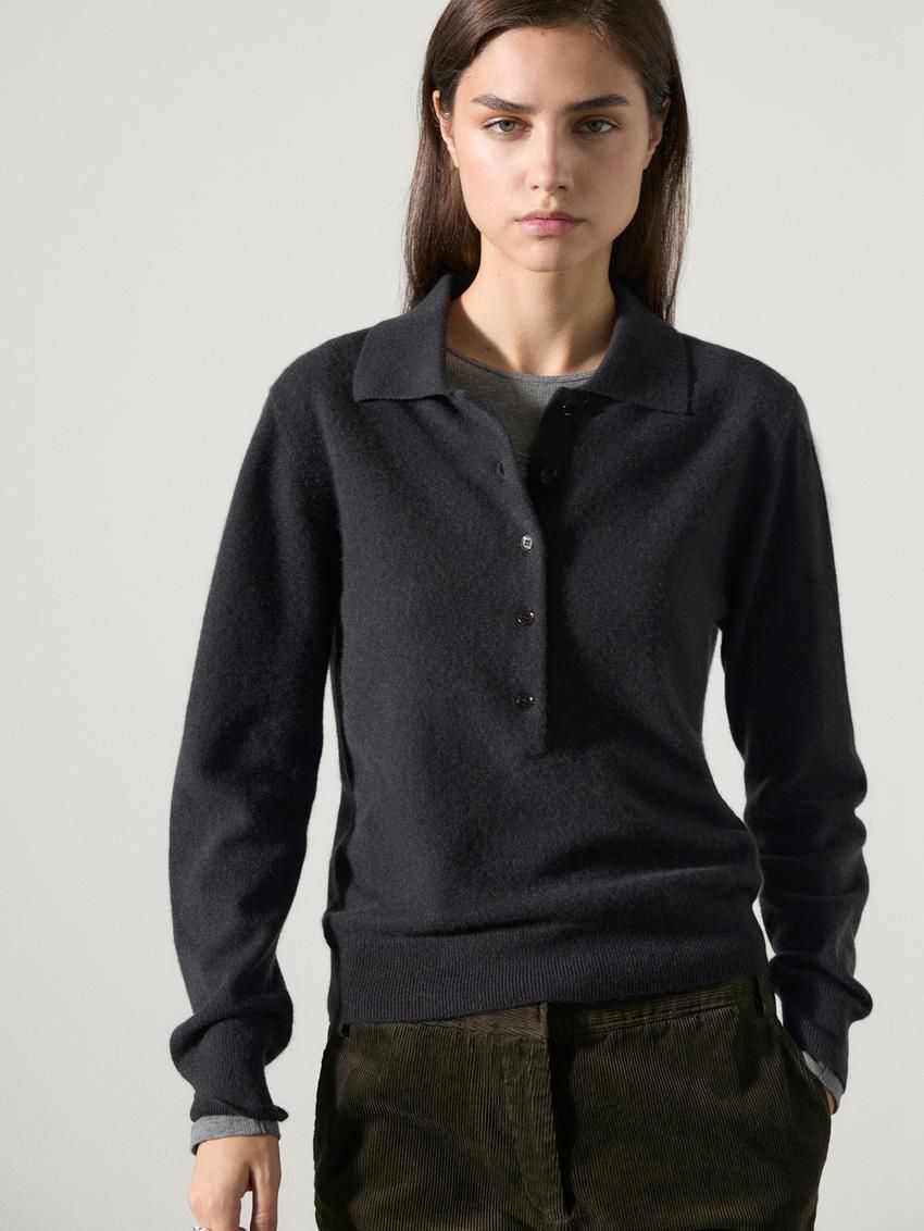 Massimo Dutti Jersey Polo Stitch Cashmere Women Sweater Dark Blue | US-IP2469071