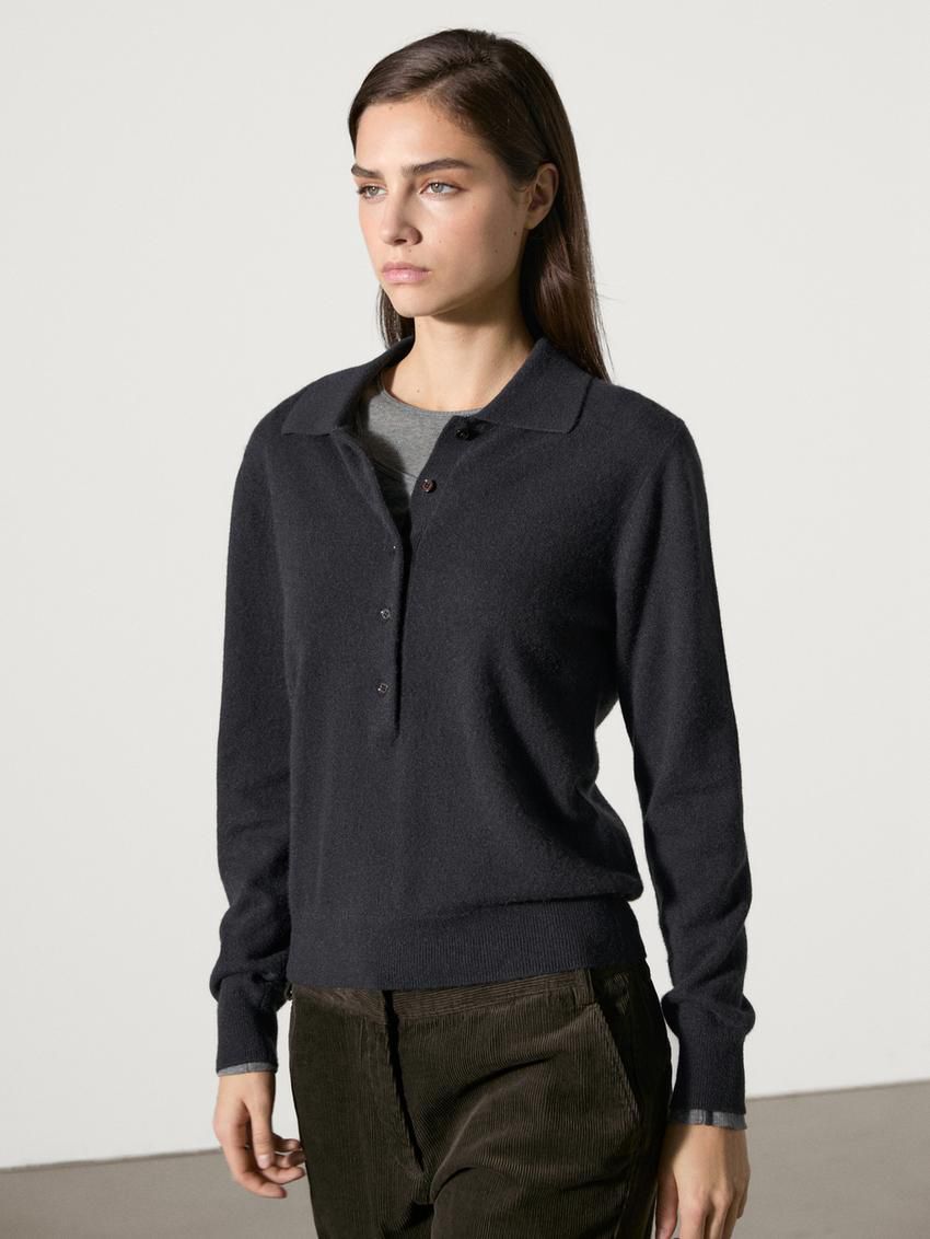Massimo Dutti Jersey Polo Stitch Cashmere Women Sweater Dark Blue | US-IP2469071