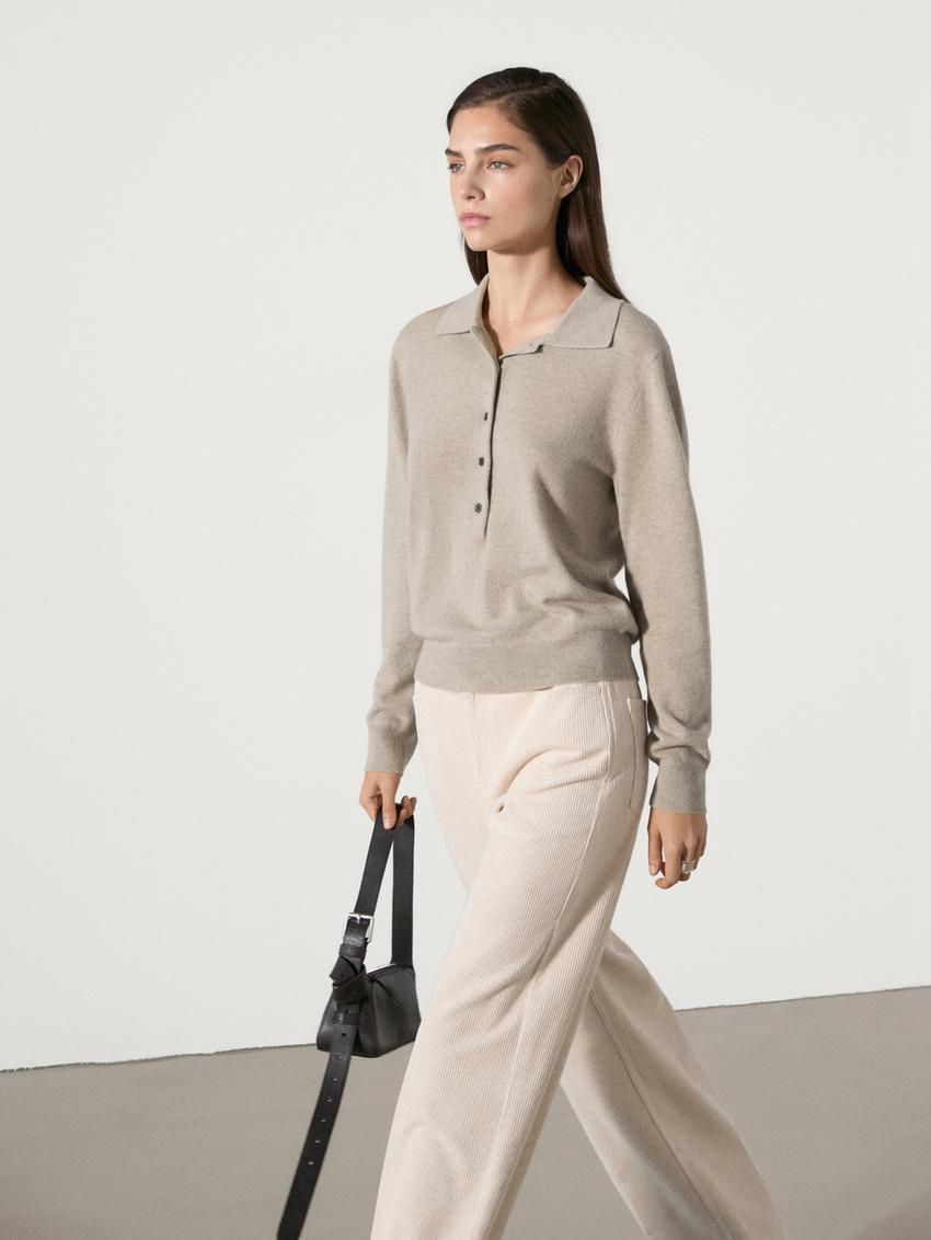Massimo Dutti Jersey Polo Stitch Cashmere Women Sweater Beige | US-BM9352468