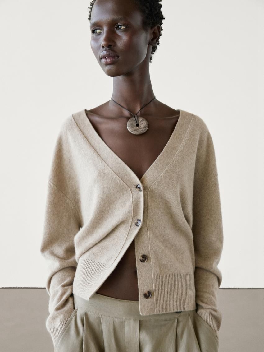 Massimo Dutti Knit Cashmere V-neck Women Cardigan Beige | US-LG4719630