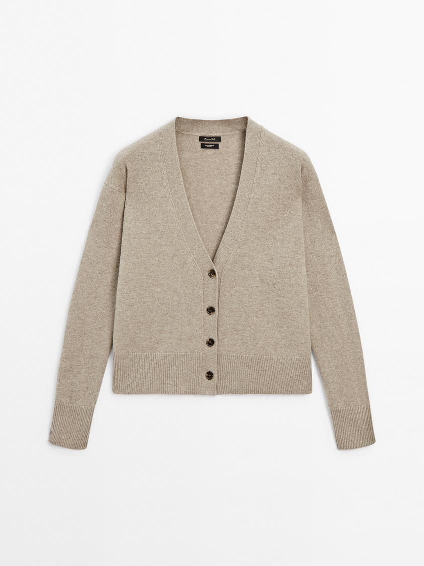 Massimo Dutti Knit Cashmere V-neck Women Cardigan Beige | US-LG4719630