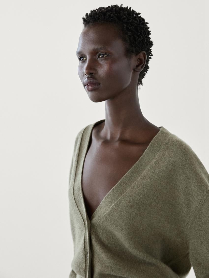 Massimo Dutti Knit Cashmere V-neck Women Cardigan Green | US-VE7815203
