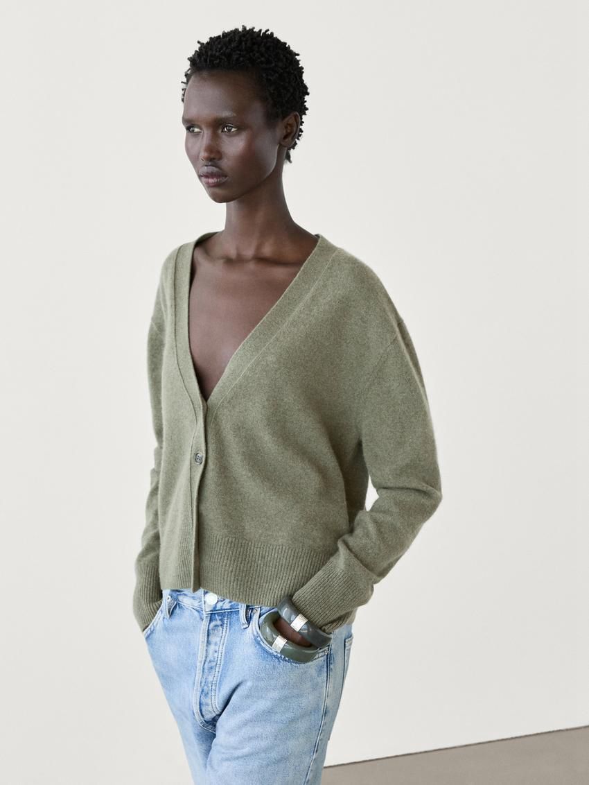 Massimo Dutti Knit Cashmere V-neck Women Cardigan Green | US-VE7815203