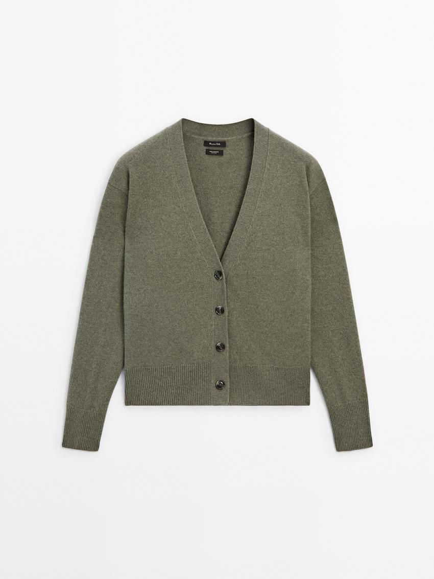 Massimo Dutti Knit Cashmere V-neck Women Cardigan Green | US-VE7815203