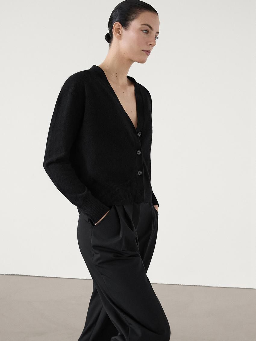 Massimo Dutti Knit Cashmere V-neck Women Cardigan Black | US-KP0486273