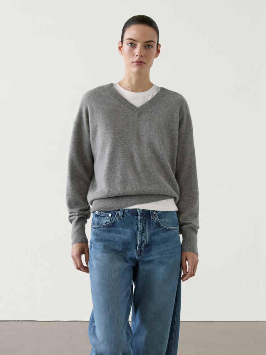 Massimo Dutti Knit Cashmere V-neck Women Sweater Grey | US-GY3659142