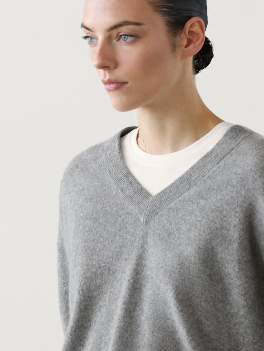 Massimo Dutti Knit Cashmere V-neck Women Sweater Grey | US-GY3659142