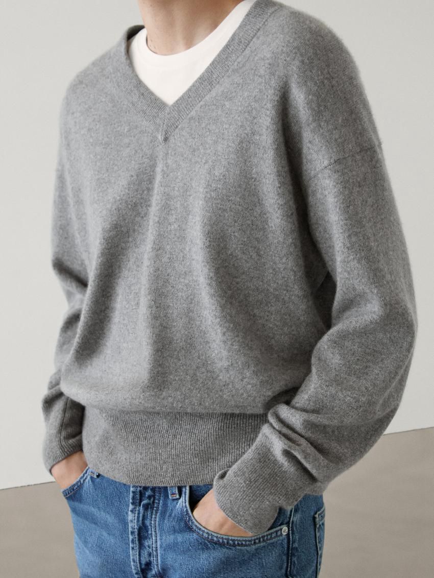 Massimo Dutti Knit Cashmere V-neck Women Sweater Grey | US-GY3659142