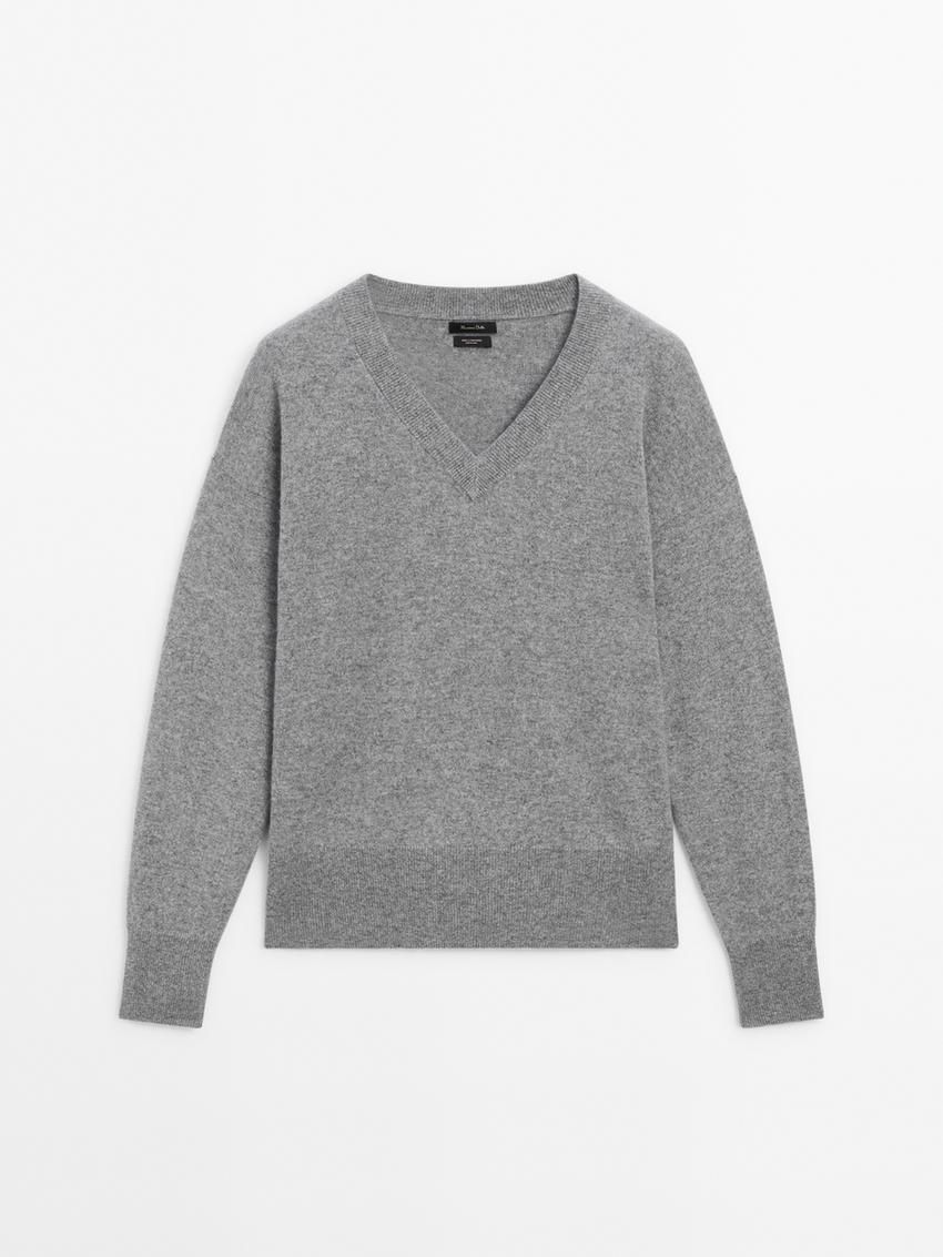 Massimo Dutti Knit Cashmere V-neck Women Sweater Grey | US-GY3659142
