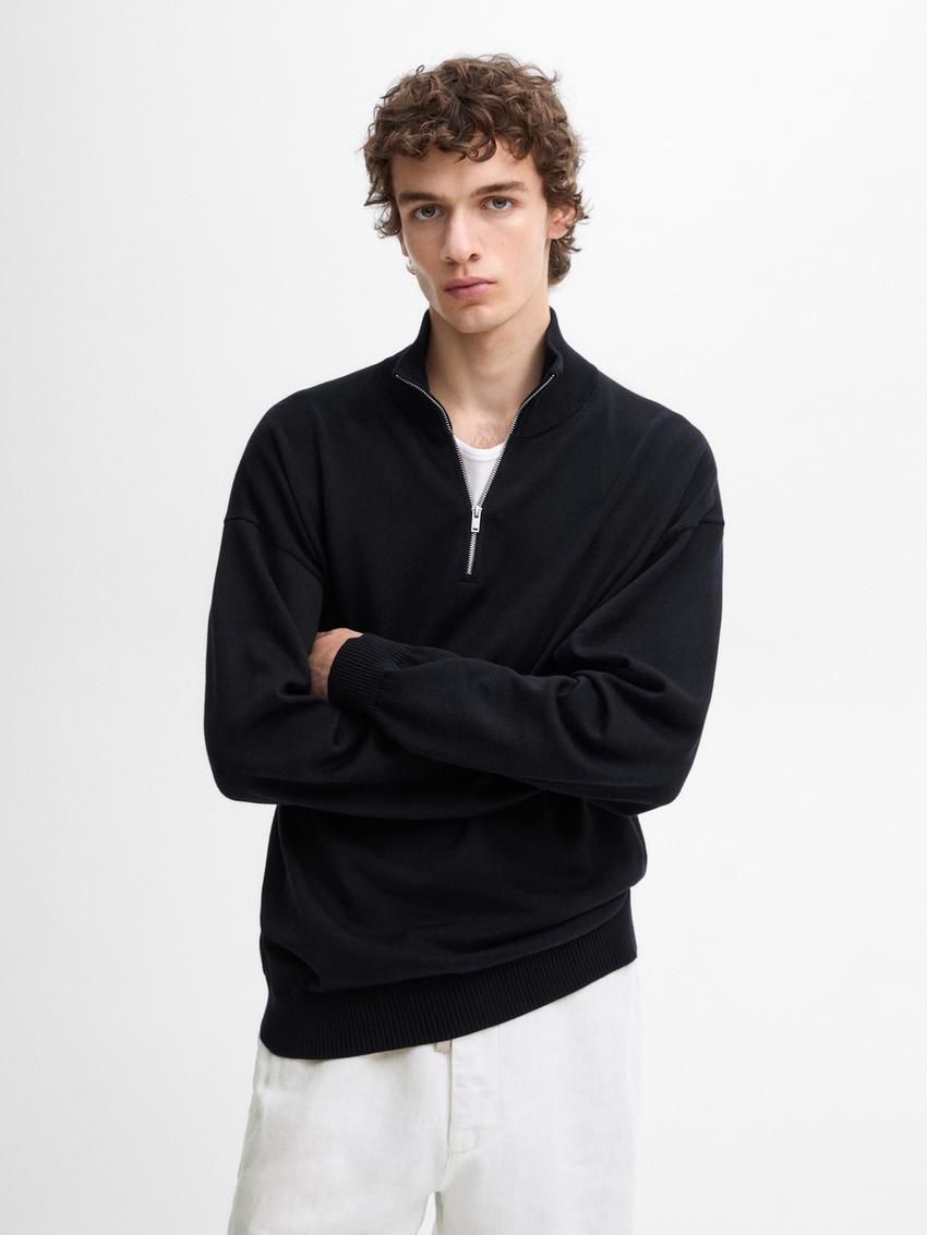 Massimo Dutti Knit Cotton With Mock Neck Men Sweater Navy | US-SY6914835