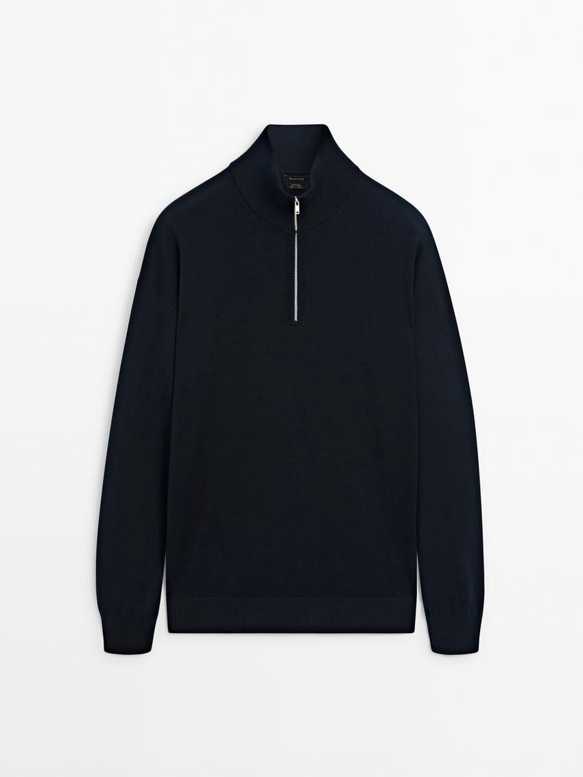 Massimo Dutti Knit Cotton With Mock Neck Men Sweater Navy | US-SY6914835