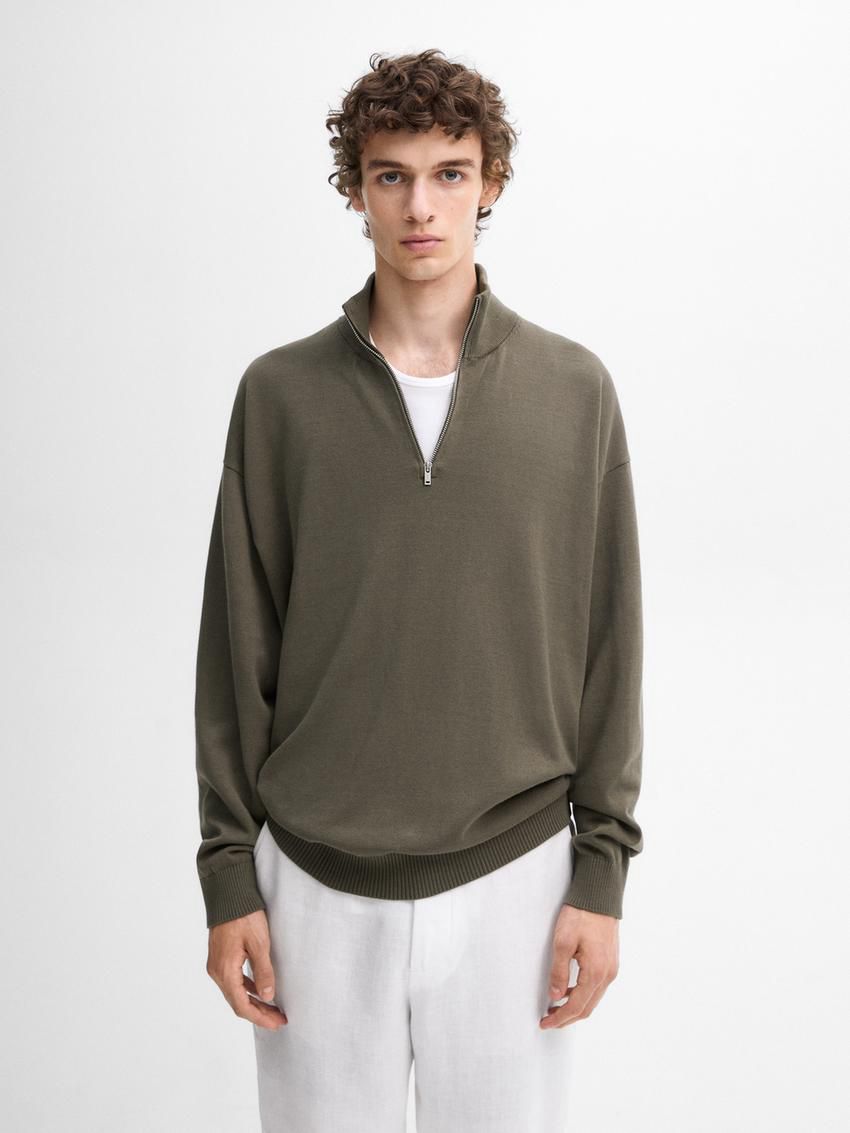 Massimo Dutti Knit Cotton With Mock Neck Men Sweater Khaki | US-HS5743198
