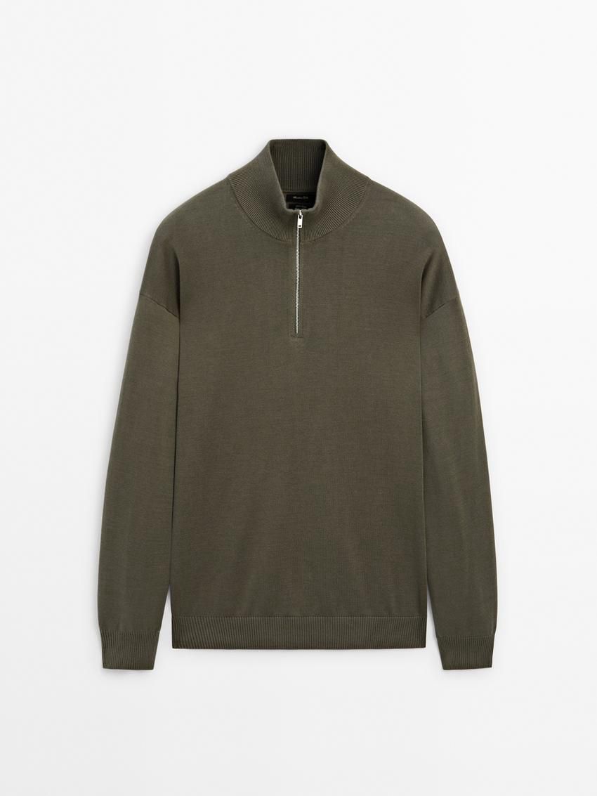 Massimo Dutti Knit Cotton With Mock Neck Men Sweater Khaki | US-HS5743198