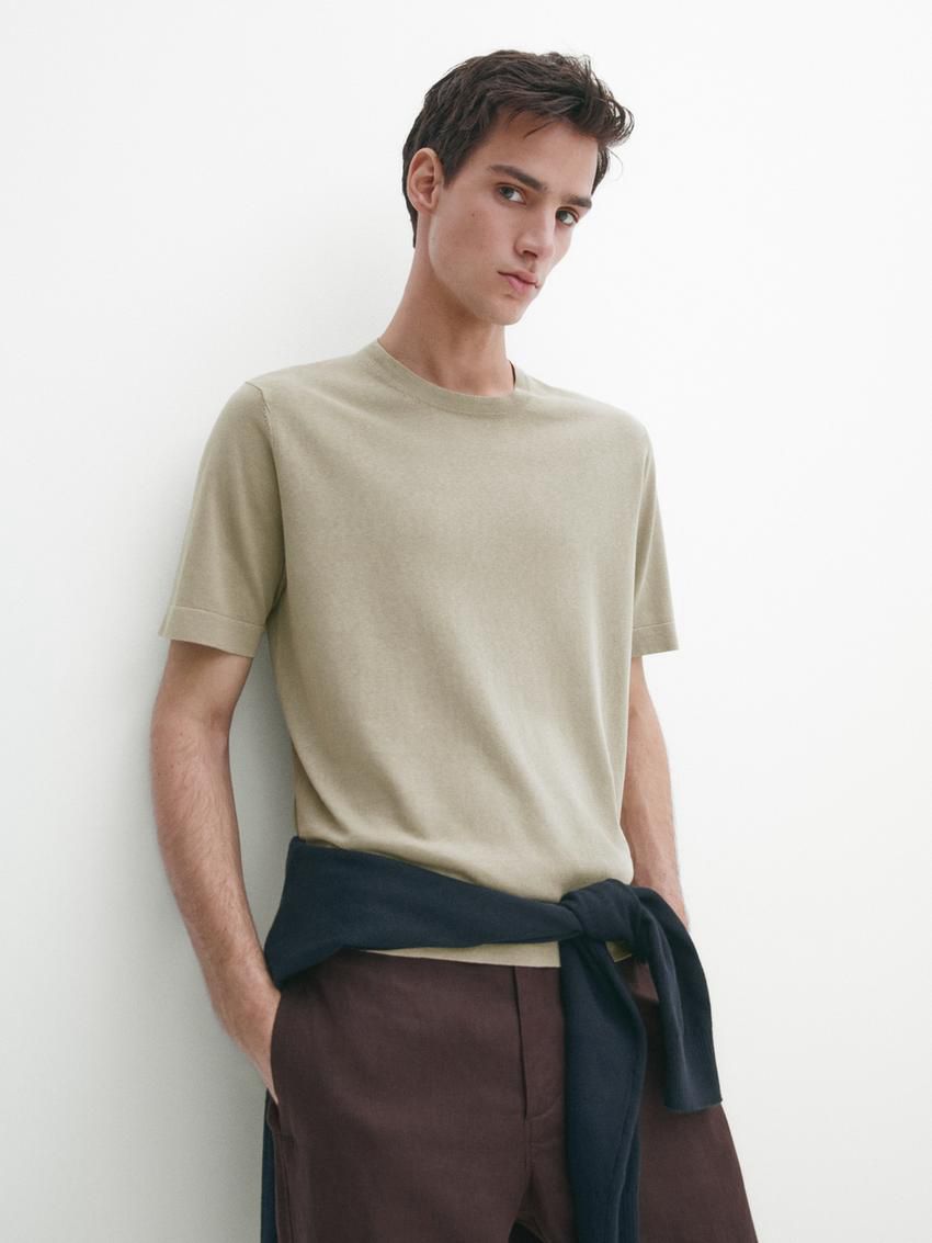 Massimo Dutti Knit Crew Neck With Short Sleeves Men T-Shirt Khaki | US-HF6714280