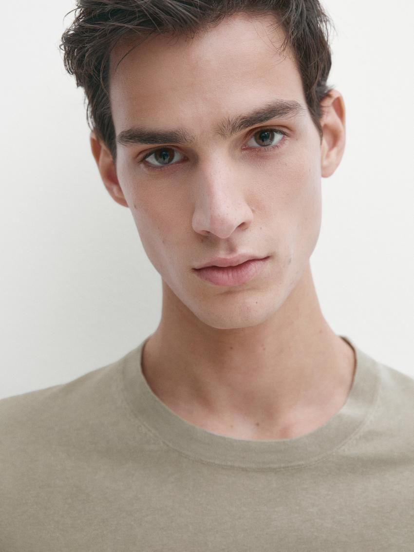 Massimo Dutti Knit Crew Neck With Short Sleeves Men T-Shirt Khaki | US-HF6714280