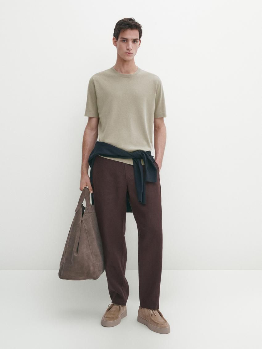 Massimo Dutti Knit Crew Neck With Short Sleeves Men T-Shirt Khaki | US-HF6714280