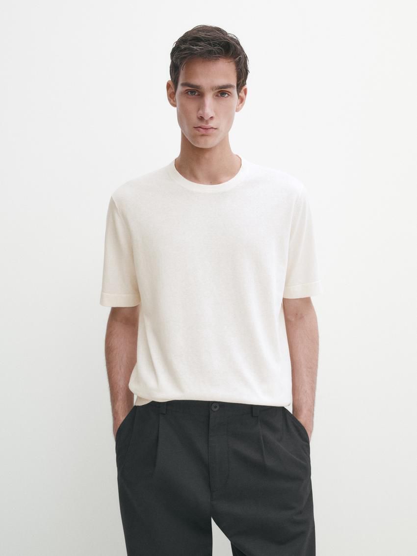 Massimo Dutti Knit Crew Neck With Short Sleeves Men T-Shirt Cream | US-BT1876905