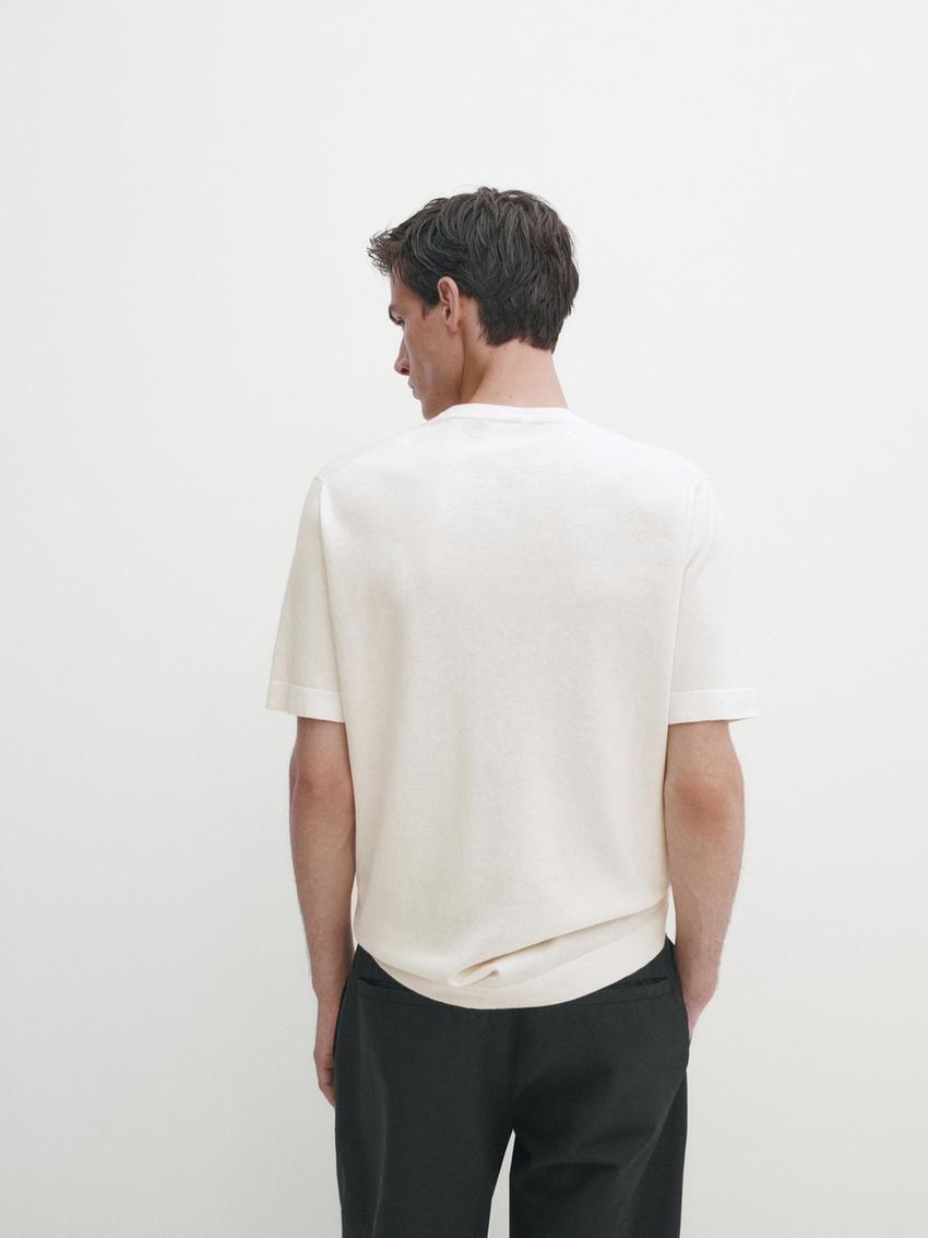 Massimo Dutti Knit Crew Neck With Short Sleeves Men T-Shirt Cream | US-BT1876905