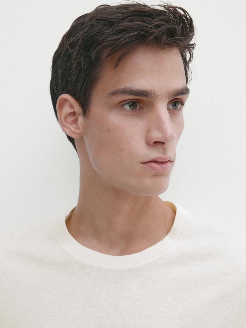 Massimo Dutti Knit Crew Neck With Short Sleeves Men T-Shirt Cream | US-BT1876905