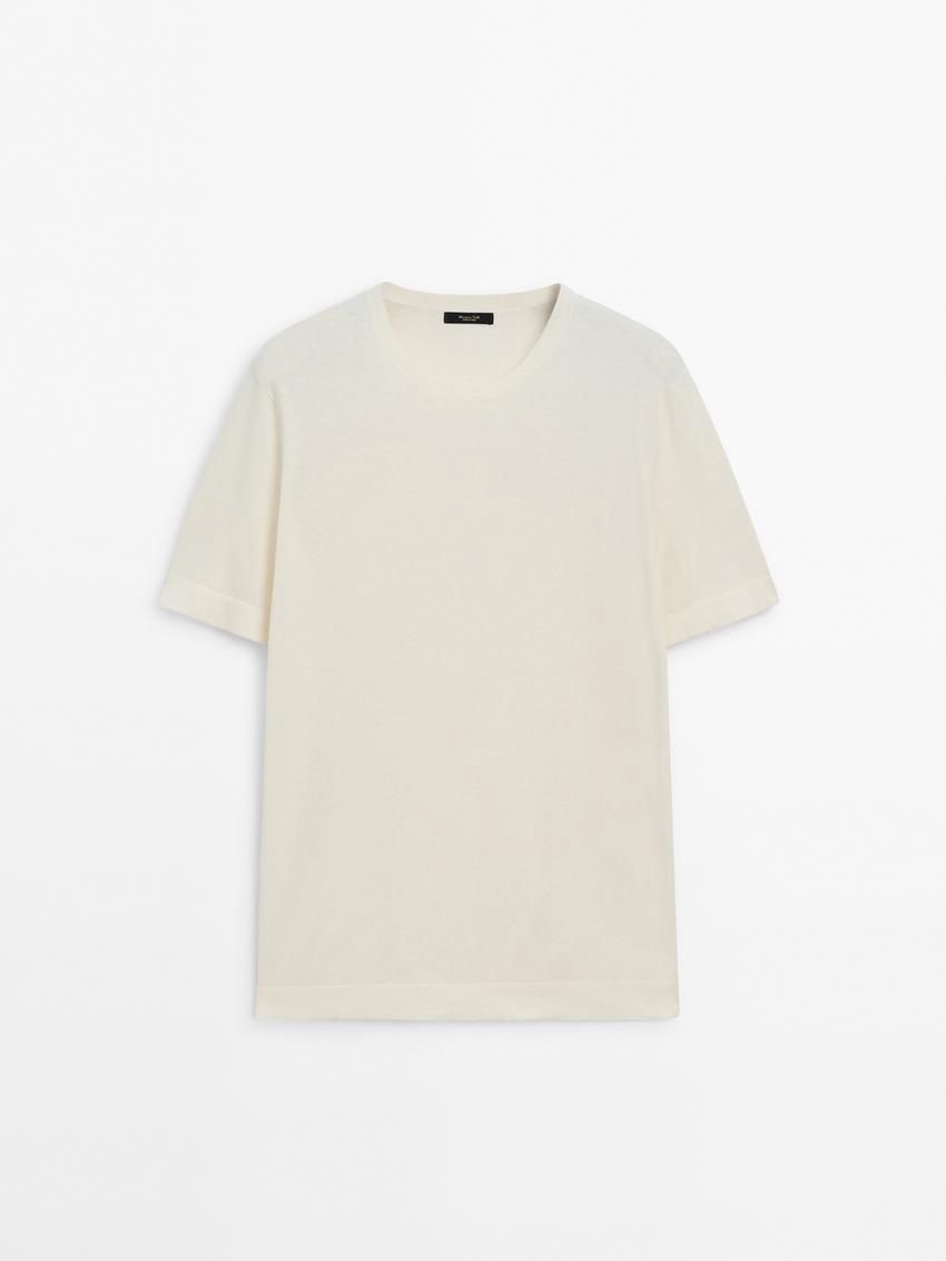 Massimo Dutti Knit Crew Neck With Short Sleeves Men T-Shirt Cream | US-BT1876905